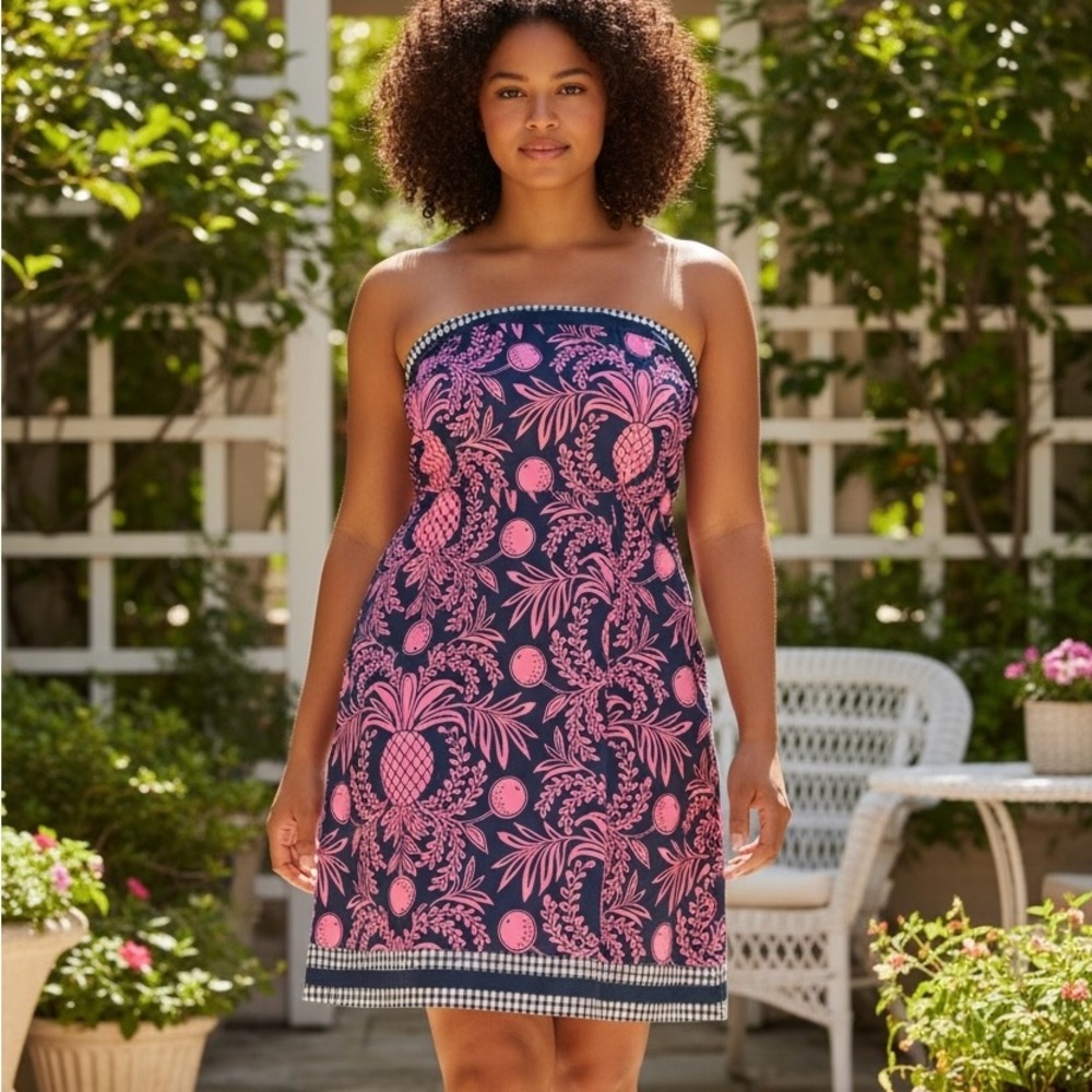 Lilly Pulitzer Pink and Navy Strapless Dress sz 12